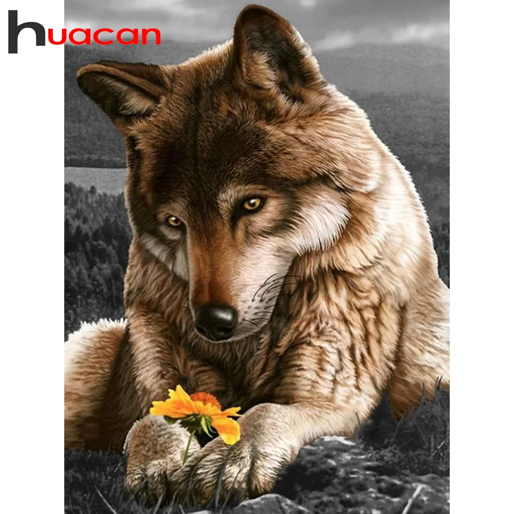 Huacan полноразмерная/круглая алмазная живопись животное волк вышивка цветок