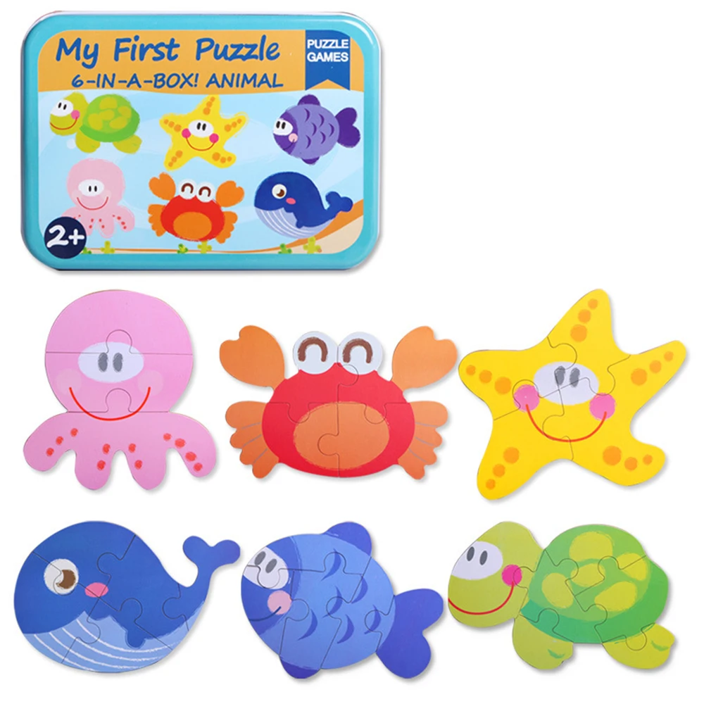 Big Size Flake Baby Wooden Puzzle Toy Early Education Cartoon Animal Fruit Cognition Card Jigsaw Set Metal Box For Children Gift | Игрушки и