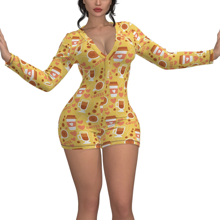 

2020 New Women Sexy V-Neck Long Sleeve Bodycon Casual Printed Button Sleepwear Jumpsuit Shorts Romper Leotard