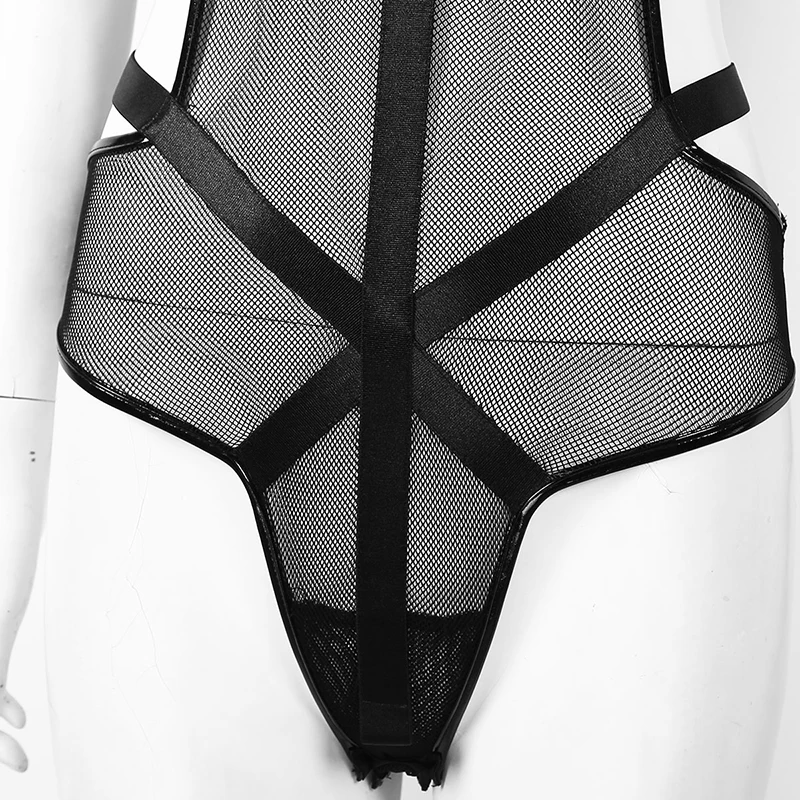 

Womens Ladies Leather Mesh Bodycon Bodysuit Patchwork Sexy Clubwear Bodystocking Catsuit Backless Gothic Dark Academia Costumes