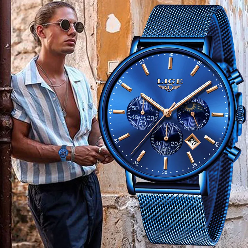Часы наручные LIGE Мужские кварцевые брендовые Роскошные модные повседневные