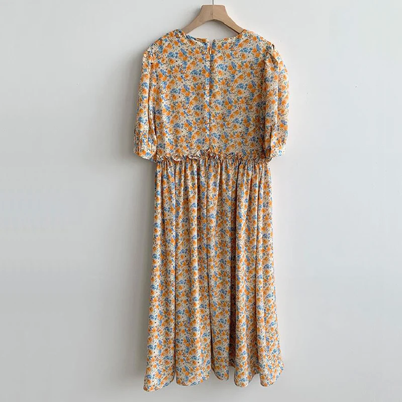 

Spring and autumn women's casual flower print round neck short-sleeved ruffled dress