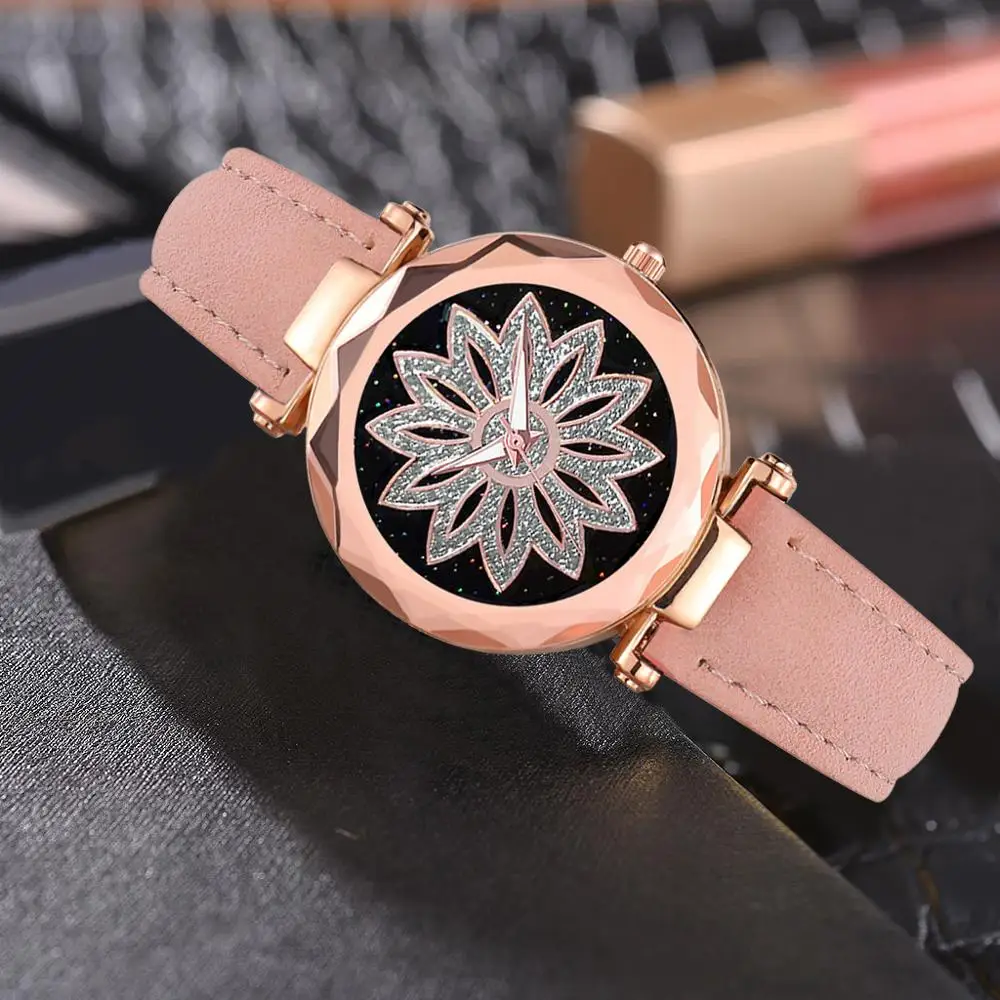 Часы наручные женские кварцевые с ремешком и вращающимся циферблатом|Женские