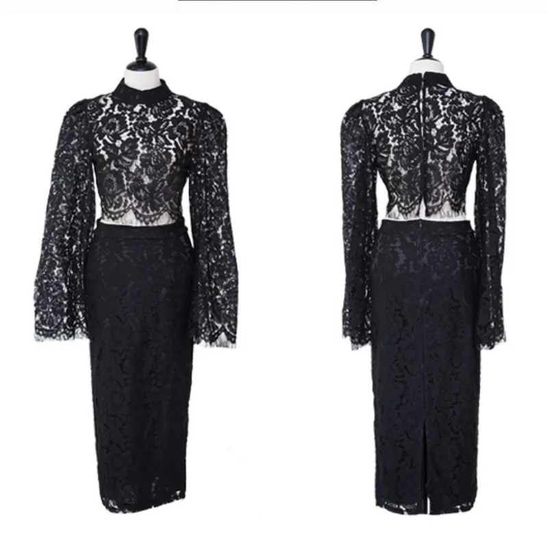

Sexy Two-Piece Full Lace Sets Women's Two-Piece Cloth Flare Sleeve Crop Blouse Pencil Midi Skirt Suits Female Party Dress
