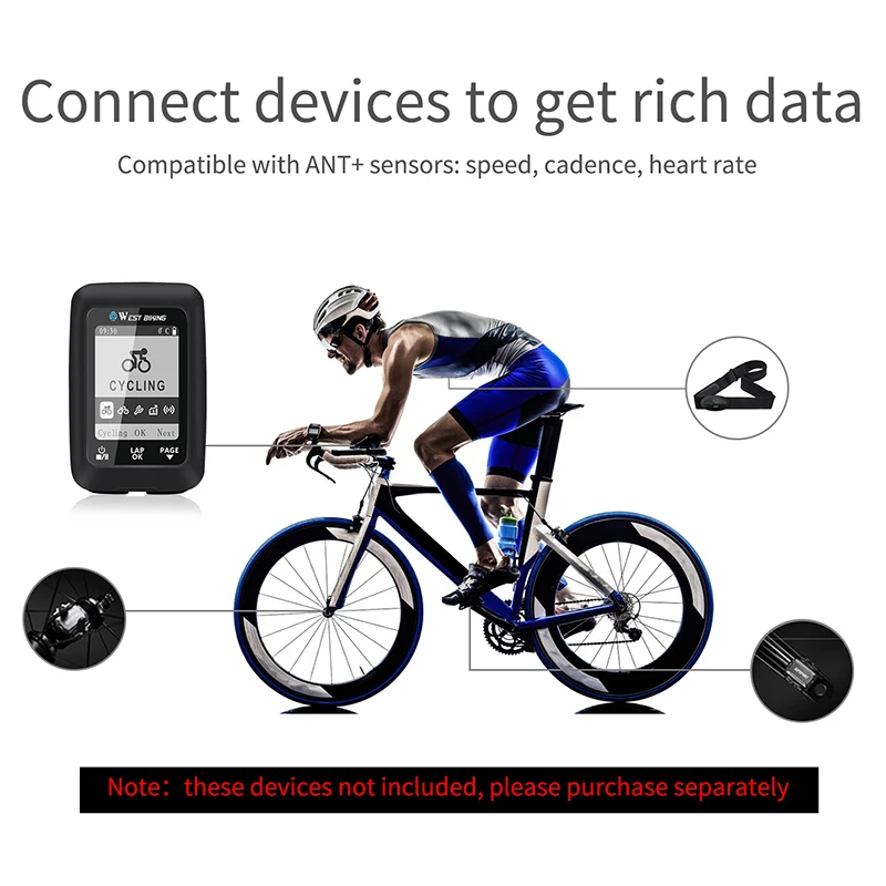 

WEST BIKING GPS Bike Computer Wireless Speedometer Waterproof Road Bike MTB Bicycle Bluetooth ANT+ Backlight Cycling Computers