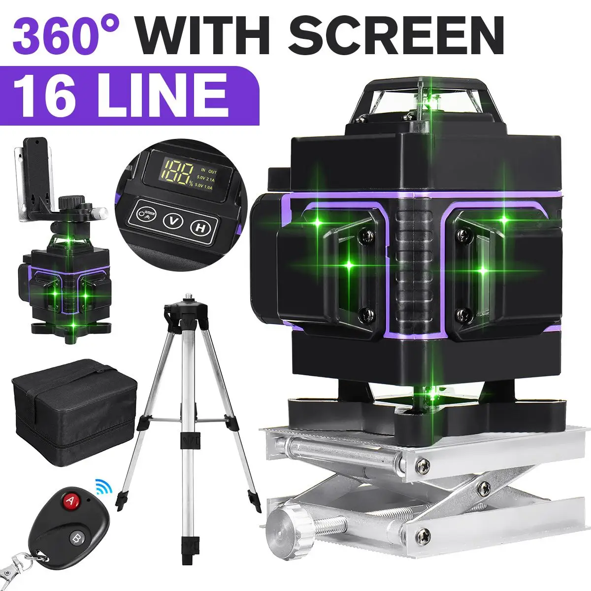 

Laser Level 16 Lines 4D Green Light LED Display Auto Self Leveling 360° Laser Levels Horizontal Vertical Cross Remote Control