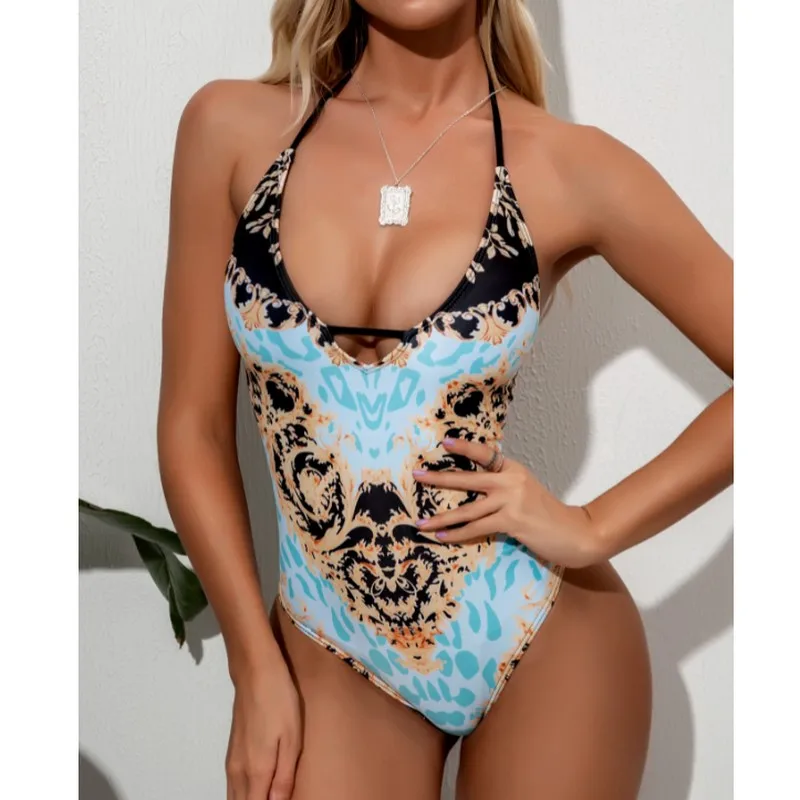 

Цельный купальник с винтажным принтом, сексуальный бандажный женский купальник, боди 2021, женский купальный костюм на шнуровке, бикини 2021