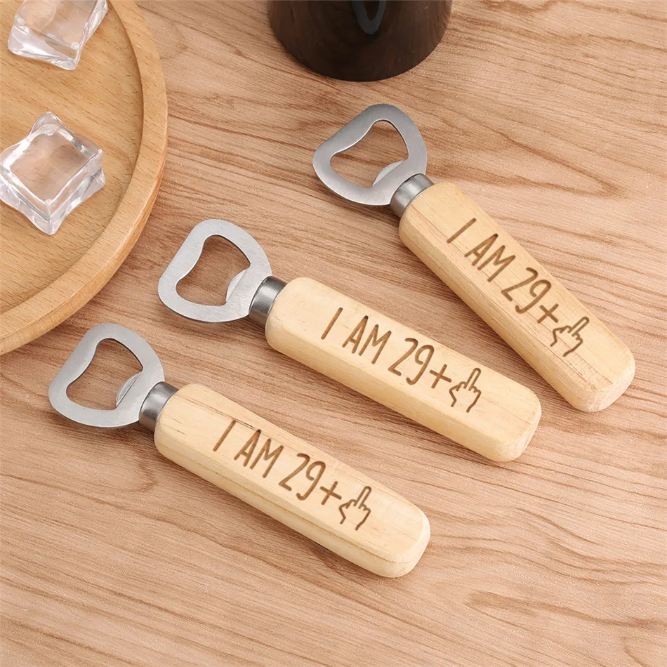 

Engraved I AM 29/39/49/69+ Wooden Handle Bottle Openers Personalized Special Bar Beer Corkscrew Gifts