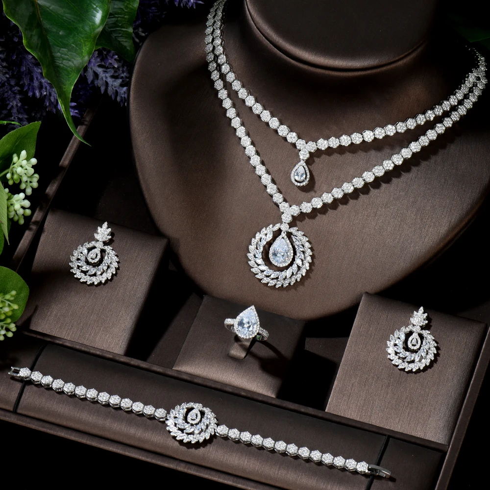 

HIBRIDE Luxury Elegant Water Drop Shape Wedding Zirconia Jewelry Set Round Design Micro Zirconia African Beads Jewelry Set N-310