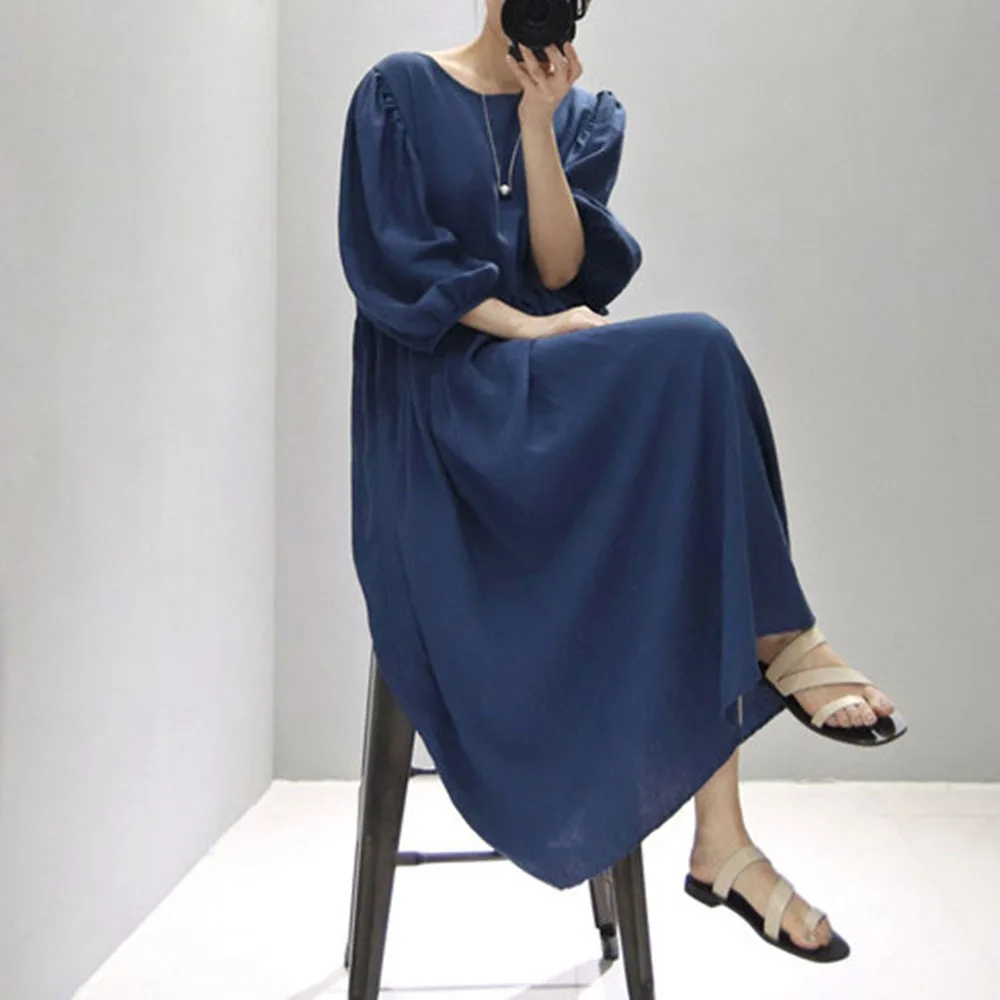 

Women Dress High Waist Blue A-line Lantern Sleeves Cute Loose Linen Long Skirt Stitching Nine-point Sleeves Spring Summer 2021