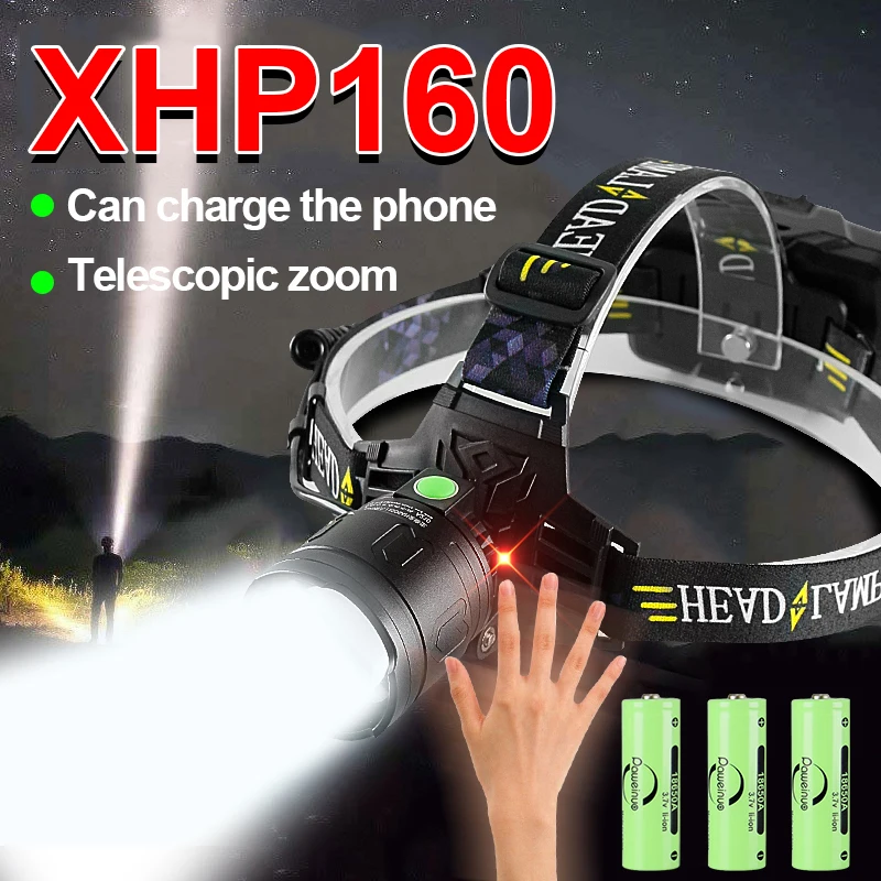 Новый мощный яркий светодиодный налобный фонарь XHP160 с ИК-датчиком Головной USB XHP90