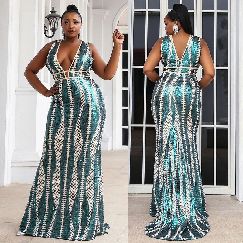 

Sexy Deep V-Neck Evening Dresses Plus Size Sequins Dress African Clothes Female Elegant Singer Performance Stage Costume YS2270