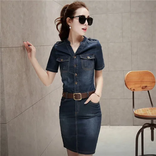 navy blue Платье Для женщин плюс Размеры платье из джинсовой ткани тонкий мешок хип короткий рукав сексуальное обтягивающее платье Длинные вечерние платья в Корейском стиле Повседневное - Цвет: navy blue