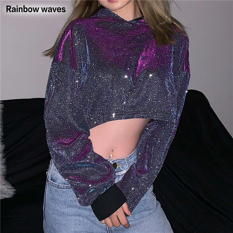

Rainbowwaves Women Hoodies 2021 Round Neck Pullover Women Shiny Dancing Cloth Club Cool Girl With Hat Crop Top
