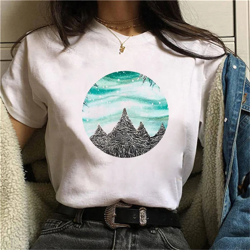 

2021 New Summer Geometry Printed T-shirts Women White Short Sleeve T Shirt Harajuku Y2k Round Neck Tops Tee Female Casual Tshirt