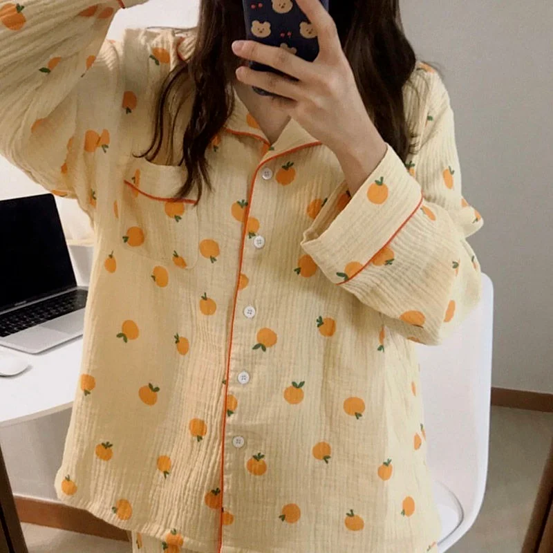 

Cotton Home Suits Korean Sleepwear Orange Print Pajamas for Women Spring Summer 2021 Pyjamas Girls Pijama Short and Long Sleeve