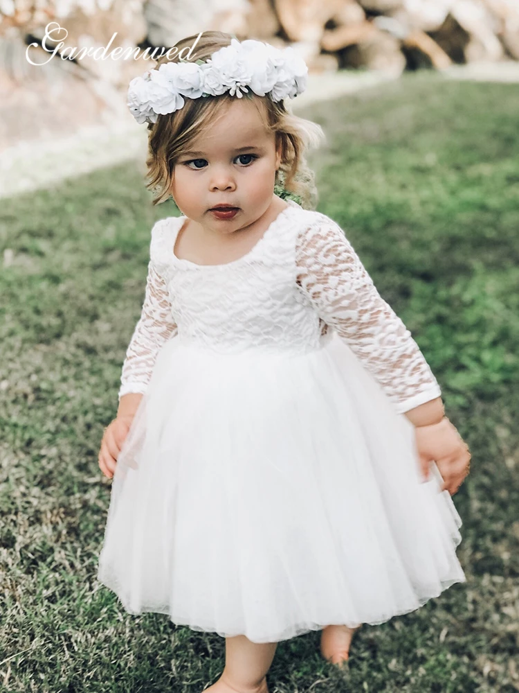 Cute Ivory Lace Flower Girl Dresses O-Neck Long Sleeves First Communion Illusion Back Short Tulle Baby Party Dress | Свадьбы и