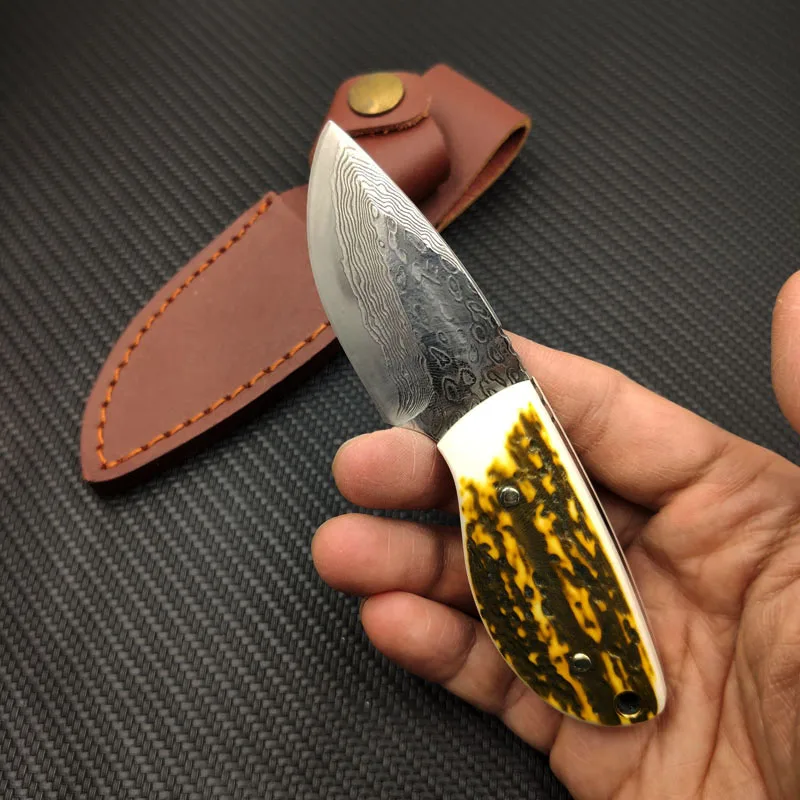 Нож из дамасской стали с оленьими рожками портативный охотничий Клинок для