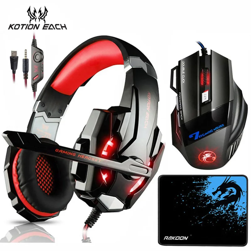 Red Combo KOTION каждая игровая стереогарнитура наушники с глубоким басом с микрофоном светодиодный светильник+ 7 кнопок 5500 dpi игровая мышь Мыши+ коврик для игровой мыши - Цвет: Red Combo