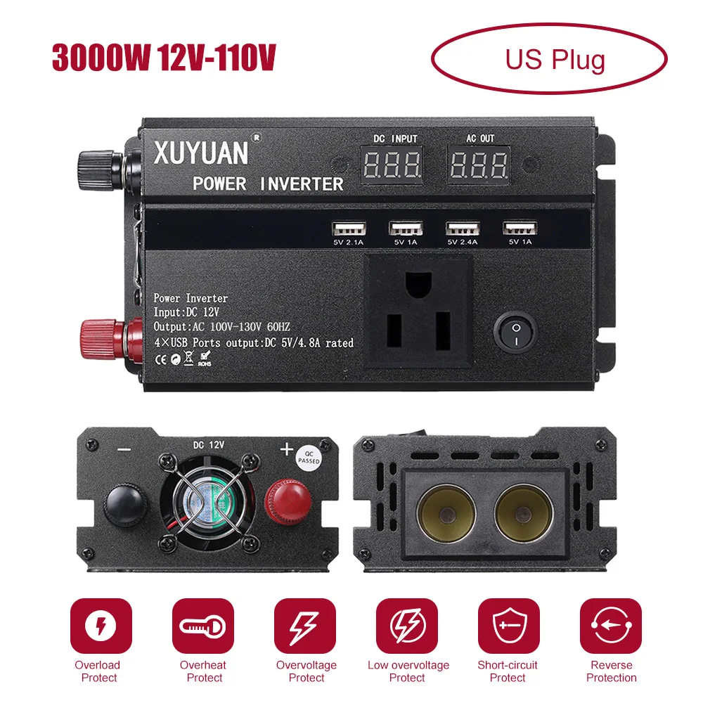 Двойной светодиодной Дисплей автомобильный инвертор 3000W 12V/24V 110/220V Инвертор