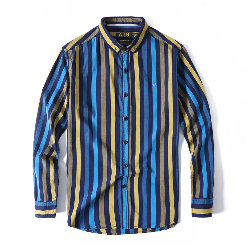 Мужская хлопковая рубашка в полоску Повседневная приталенная Классическая с