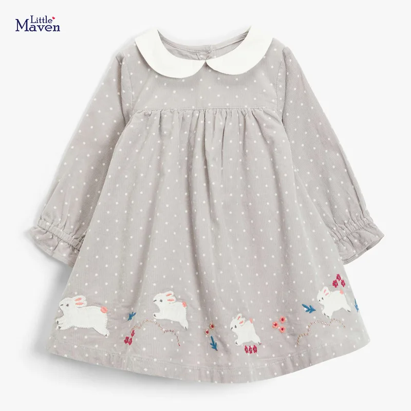 

Little Maven Frocks for Baby Girls Brand Autumn Clothes Cotton Bunny Applique Toddler Dot Corduroy Peter Fan Collar Dress
