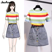 2021 summer women new 2 piece clothing set girls leisure joker stripe t shirt denim skirts sets lady fashion jeans streetwear