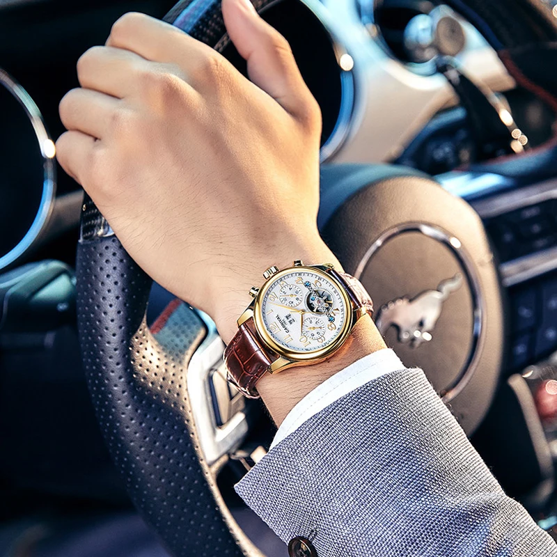 CARNIVAL Men Automatic Mechanical Watch Luxury Leather Watch Luminous Waterproof Business Tourbillon Watches Relogio Masculino enlarge