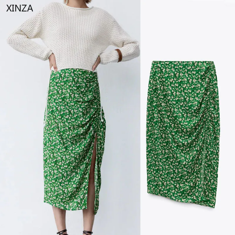 

2021 Za Women Draped Print Green Midi Skirt Slit Ruched High Waist Skirts Woman Fashion Side Zip Summer Gathered Floral Skirt