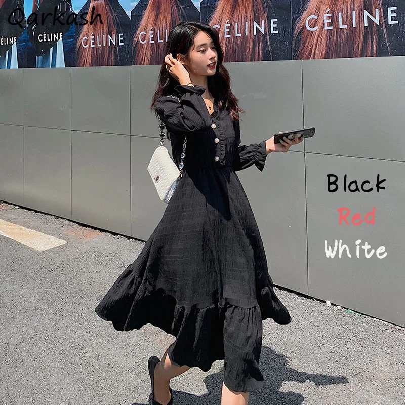 

Dress Women Autumn French Style Solid Elegant Slim Ruffles V-neck Daily All-match Stylish Sweet OL Simple Chic Ulzzang Empire