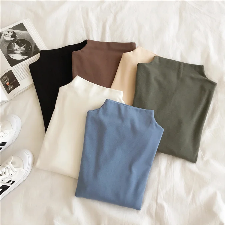 Real Shot Korean Style Stand Collar Fine Cotton Bottoming Shirt Women's Long