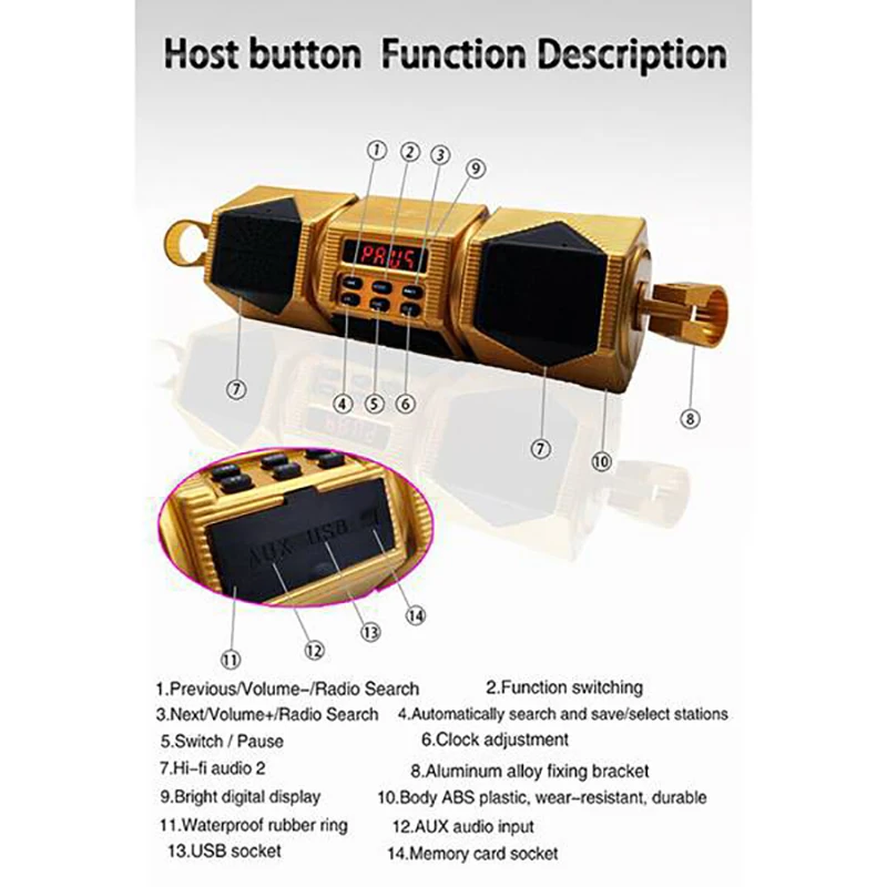 Мотоциклетный mp3-плеер на руль динамик Bluetooth FM-радио водонепроницаемый
