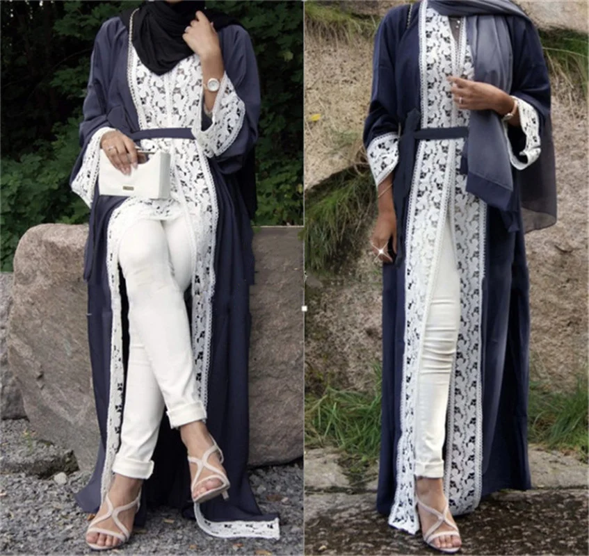 

Muslim Abaya Women Jibab Kimono Caftan Outwear Long Robe Lace-up Islamic Clothing Fashion Lace Jubah Dubai Elbise Arabian Dress