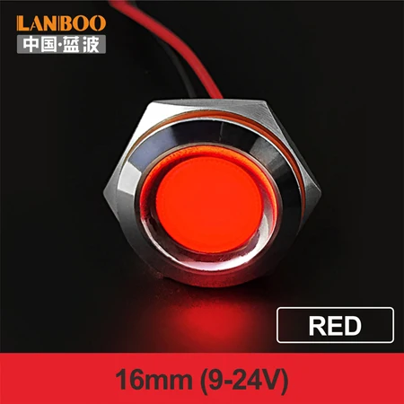 16mm-Red(9-24V) LANBOO 16 мм, 19 мм, 22 мм, красный, зеленый, желтый, синий, 12 В, 24 В, 110 В, 250 В, светодиодный металлический индикатор, лампа, индикатор, светильник, одна лампа, водонепроницаемая - Цвет: 16mm-Red(9-24V)
