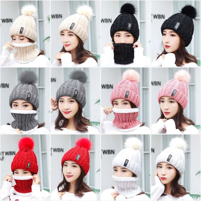 

2021 Winter Knitted Beanies Hats Women Thick Warm Beanie Skullies Hat Female Knit Letter Bonnet Beanie Caps Outdoor Riding Sets