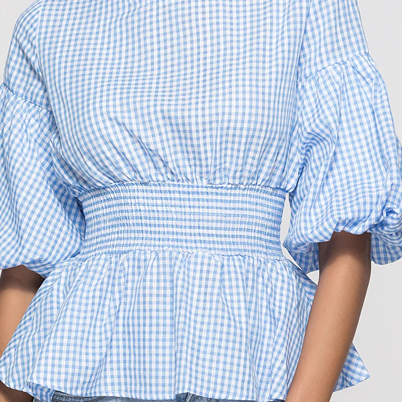 

Round neck tunic classic plaid lantern short sleeve fashion shirt