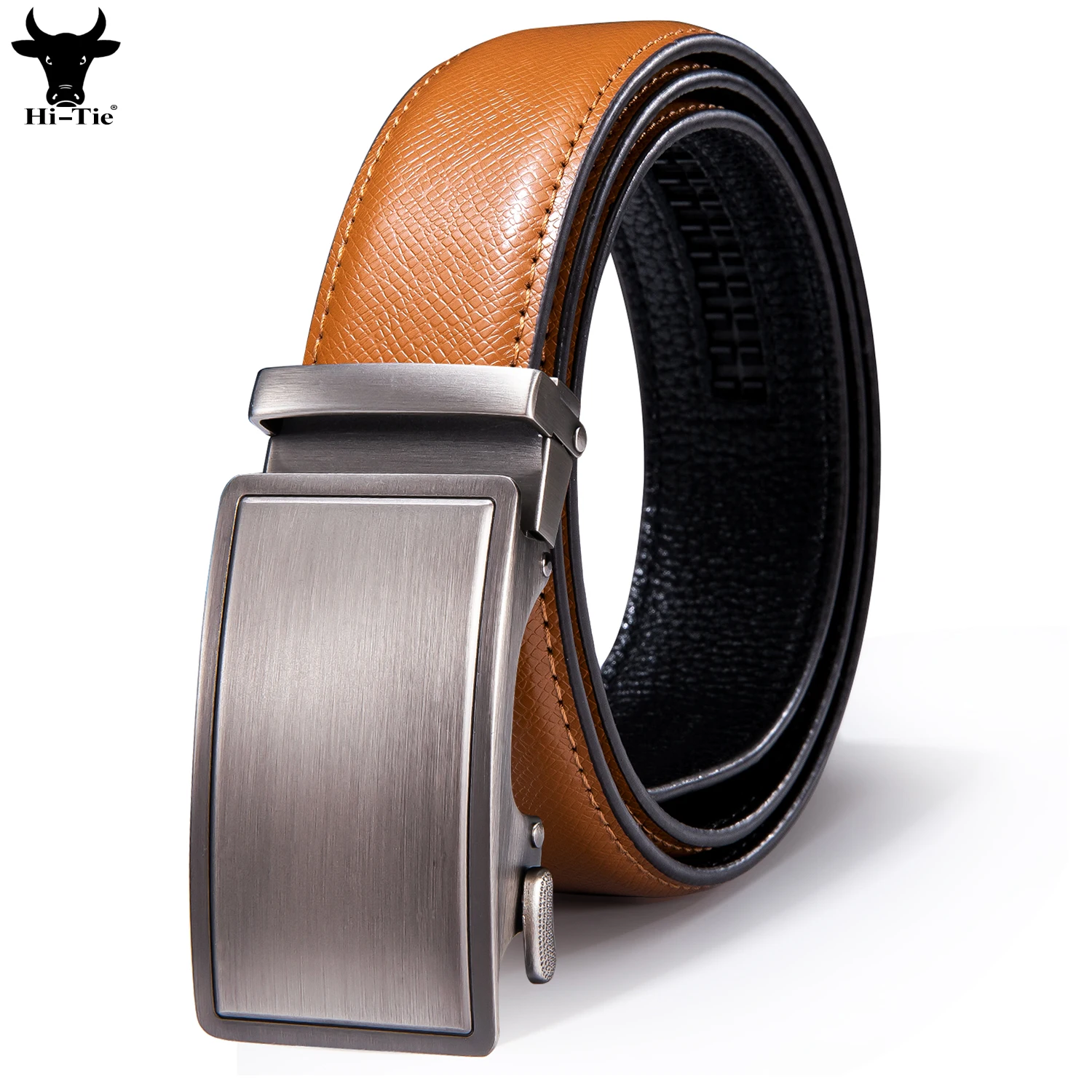 Hi-Tie Designer Mens Belts Orange Genuine Leather Silver Solid Automatic Buckles Ratchet Waist Belt for Men Dress Jeans Wedding