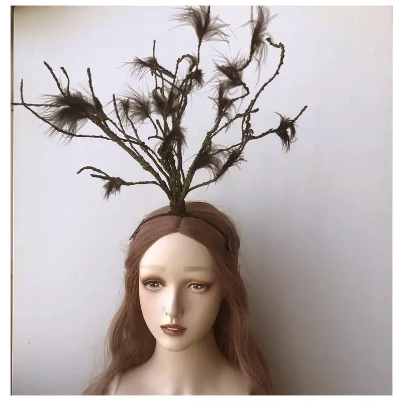

Pure Handmade Branches Twig Feather Hairband Women Dark Green Gothic Irregular Movie Cosplay Show Party Women Punk Headpiece