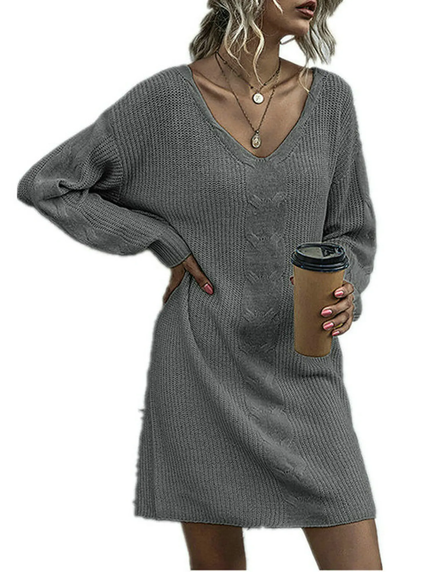 

Женское трикотажное платье-свитер до колена, с V-образным вырезом