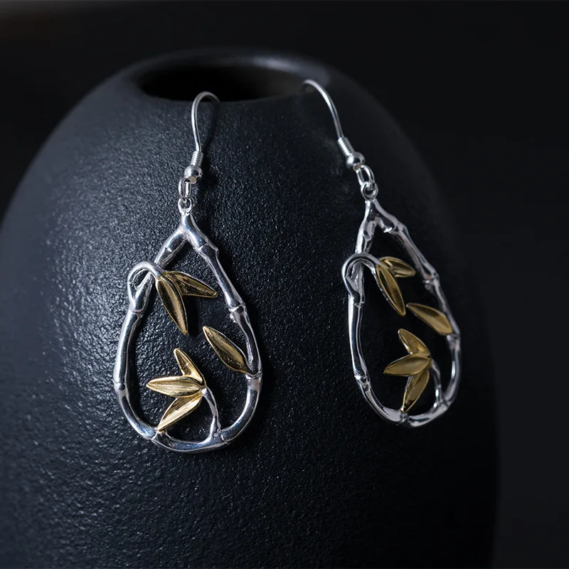 Женские серьги-подвески Flyleaf из серебра 100% пробы с бамбуковыми листьями |