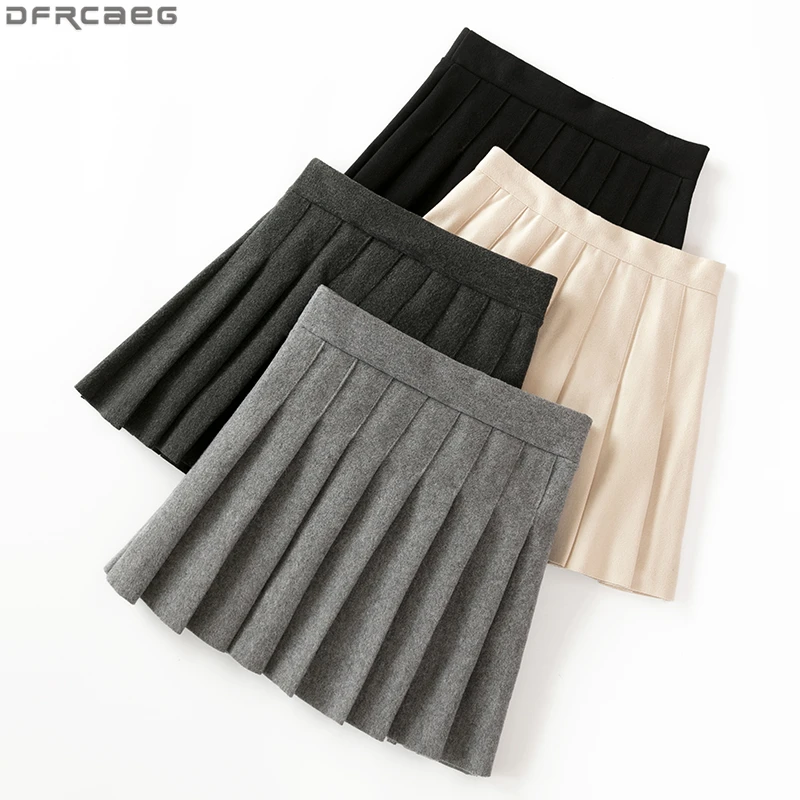 

Casual Streetwear Pleated Skirt Women Winter Wool Short Skirts A-line Mini Jupe Femme Gray Black Saia Kawaii School Skater Skirt