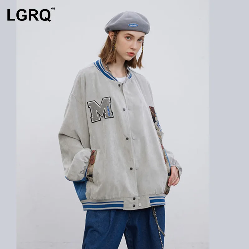 

[LGRQ] Letter Striped Design Women's Jacket New Lapel Long Sleeve Loose Casual Coats Fashion Tide Spring Autumn 2021 19D3969