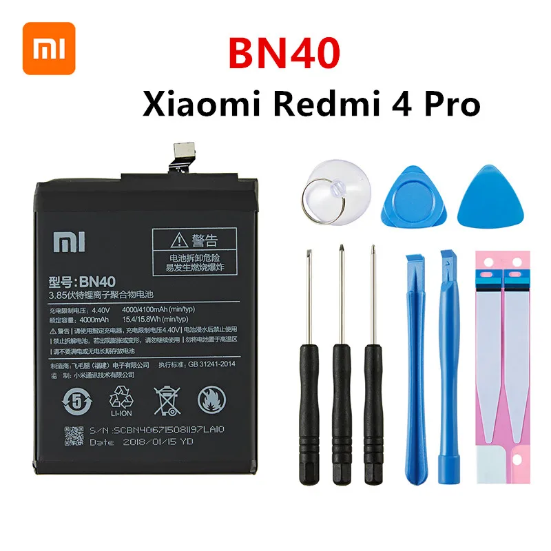 

Xiao mi 100% Orginal BN40 4100mAh Battery For Xiaomi Redmi 4 Pro Prime 3G RAM 32G ROM Edition Redrice 4 BN40 Batteries +Tools