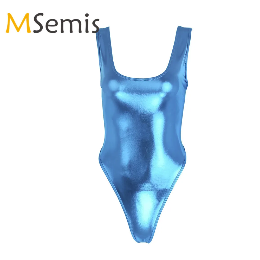 Женский латексный купальник без рукавов с высоким вырезом боди из лакированной