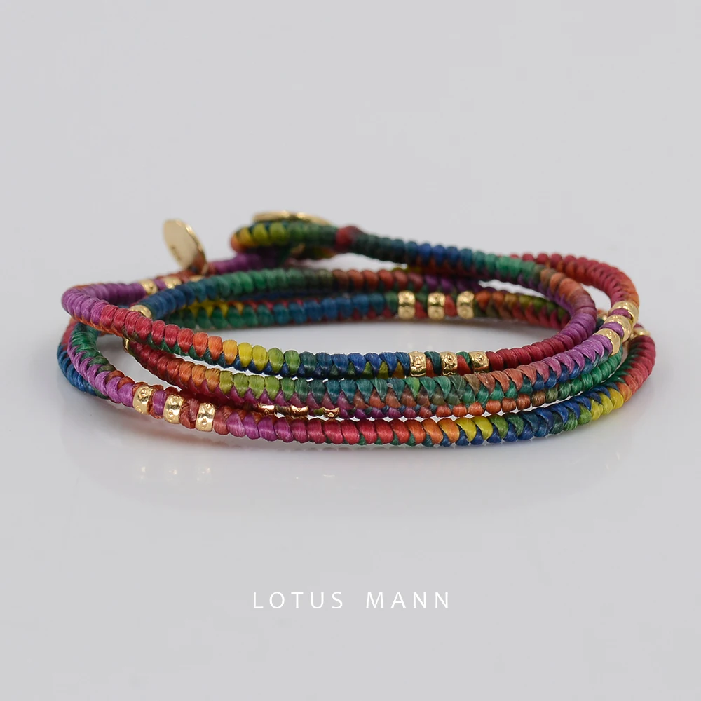 

Lotus Mann Rainbow Color Diamond Knot Men's and Women's 4 Circles 925 Silver Gold-plated Braided Long Winding Bracelet