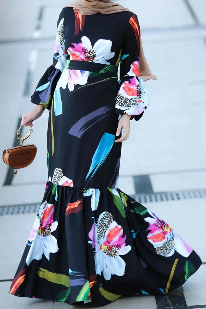 Muslim Wanita Timur Tengah Melayu Indonesia Asia Tenggara Cetak Gaun Panjang Muslim Abaya Turki Abaya Dubai Muslim Fashion