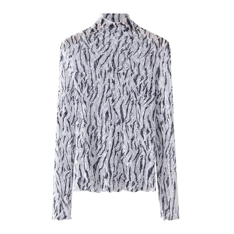 

High collar perspective mesh long sleeve T-shirt women's 2021 summer sexy lace top