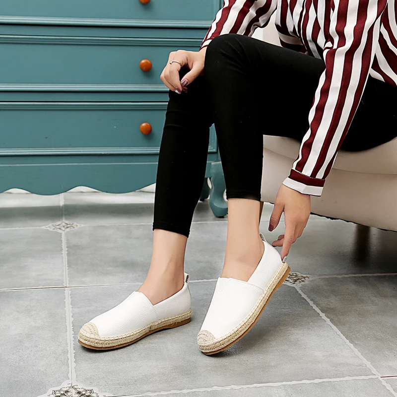 Big Size 43 Hemp Bottom Loafers Women Flats Leather Casual Shoes Fashion Comfy Black Flat Oxford Shoes for Women Fisherman Flats