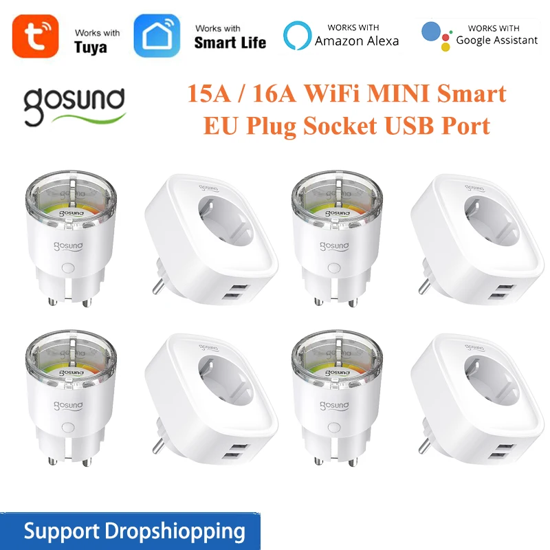 

Мини-Смарт-розетка для Tuya Smart Life, 1-5 шт., 15 А, 16 А, Wi-Fi, 2 USB-порта, работает с Alexa, Google Home, концентратор не требуется