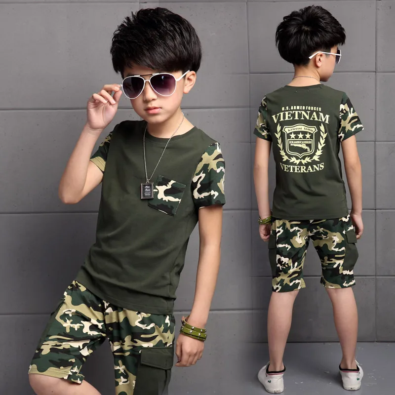 

summer kids outdoor sports clothes children casual short-sleeved boys camouflage uniforms t-shirt top and shorts sets 5-14 year